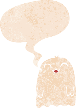 Konuşma baloncuğu olan çizgi film hayaleti bir insan tarafından çizilmiş dertli retro tarzı