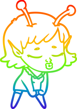 Gökkuşağı gradyan çizgisi. Bir insan tarafından çizilmiş şirin bir uzaylı kız çizgi filmi.