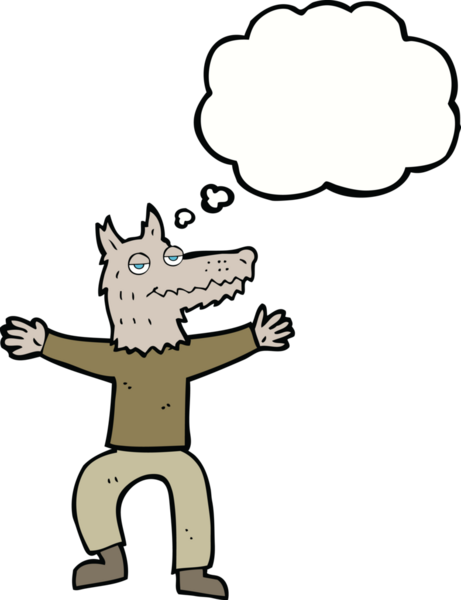 Bir insan tarafından çizilmiş düşünce balonlu bir kurt adam.