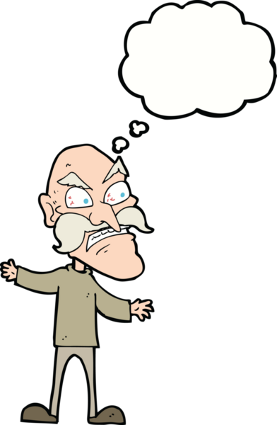 Bir insan tarafından çizilmiş düşünce baloncuğu olan kızgın yaşlı bir adam.