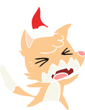 Kızgın el, bir insan tarafından çizilmiş Noel Baba şapkası giyen tilkinin düz renk çizimi.