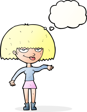 Kendini beğenmiş kadın bir insan tarafından çizilmiş düşünce baloncuğuyla küçümseyici bir jest yapıyor.