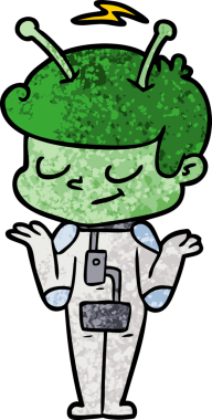 Bir insan tarafından çizilmiş dost canlısı çizgi film uzay adamı omuz silkiyor.