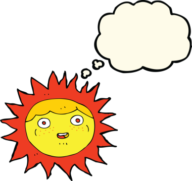 Güneş çizgi film karakteri. Düşünce baloncuğu insan tarafından çizilmiş.