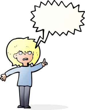 Bir insan tarafından çizilmiş konuşma balonuyla soru soran karikatür kadını.