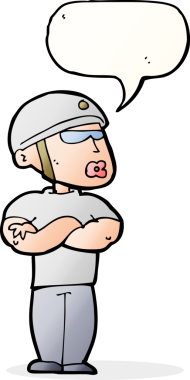 Bir insan tarafından çizilmiş konuşma balonu olan çizgi film güvenlik görevlisi.