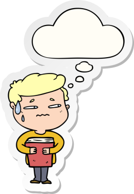 Düşünce baloncuklu kitabı bir insan tarafından çizilmiş bir çıkartma taşıyan endişeli çizgi film çocuğu.