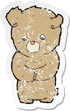 Bir insan tarafından çizilmiş utangaç bir oyuncak ayının retro sıkıntılı çıkartması.