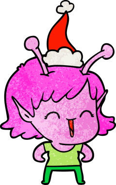 Bir insan tarafından çizilmiş Noel Baba şapkasıyla gülen uzaylı bir kızın el çizimi karikatürü.