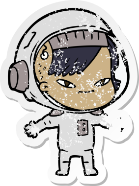 Bir insan tarafından çizilmiş karikatür astronot kadının sıkıntılı çıkartması.