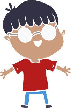 Bir insan tarafından çizilmiş gözlük takan düz renkli çizgi film çocuğu.