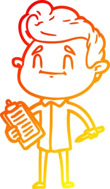 Bir insan tarafından çizilmiş kalem ve not panosuyla mutlu bir çizgi film adamı çizimi.