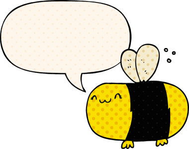 Bir insan tarafından çizilmiş çizgi roman tarzında konuşma balonu olan sevimli çizgi film arısı.