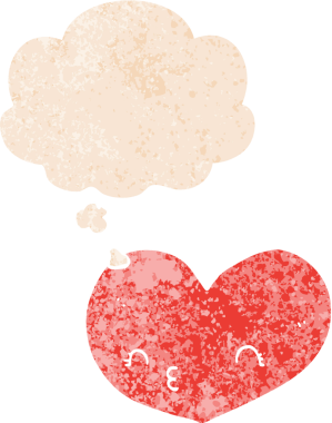 Yüzü olan karikatür kalbi grunge 'deki düşünce baloncuğu sıkıntılı eski moda bir insan tarafından çizilmiş.