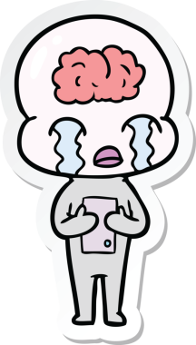 Bir çizgi film çıkartması. Bir insan tarafından çizilmiş büyük beyinli uzaylı ağlaması.