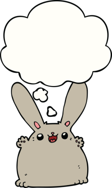 Bir insan tarafından çizilmiş düşünce kabarcığı olan çizgi film tavşanı.