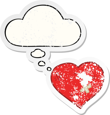 İnsan tarafından çizilmiş yıpranmış bir çıkartma gibi, düşünce balonuyla sıva yapıştırılmış karikatür aşk kalbi.