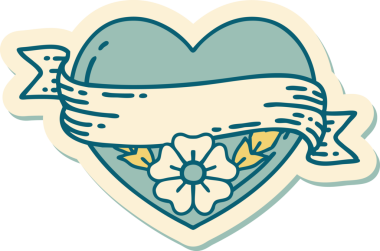 Geleneksel kalp stili dövme çıkartması ve bir insan tarafından çizilmiş çiçekli pankart.