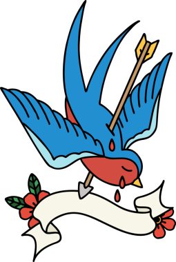 Geleneksel dövmeli bir kırlangıç sancağıyla bir insan tarafından çizilmiş ağlama