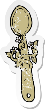 Bir insan tarafından çizilmiş tahta bir kaşığın gerilmiş çıkartması.