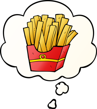 Düşünce baloncuğu olan çizgi film kızartmaları bir insan tarafından çizilmiş.