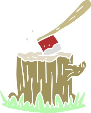 Bir insan tarafından çizilmiş ağaç kütüğündeki düz renk çizgi film baltası