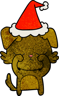 Bir insan tarafından çizilmiş Noel Baba şapkası takan bir köpeğin çizilmiş güzel el çizimi karikatürü.