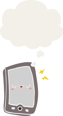 Bir insan tarafından çizilmiş düşünce baloncuklu sevimli çizgi film cep telefonu.