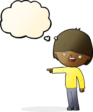 Bir insan tarafından çizilen düşünce baloncuğuyla işaret eden çizgi film adamı.