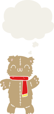 Düşünce baloncuğu olan bir oyuncak ayı insan tarafından çizilmiş.