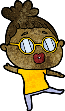 Bir insan tarafından çizilmiş gözlüklerle dans eden karikatür kadını.