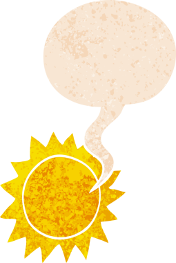 grunge 'da konuşma baloncuğu olan karikatür güneşi bir insan tarafından çizilmiş rahatsız edici retro stil.