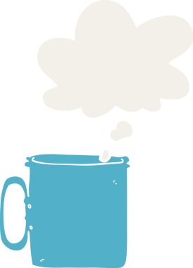 Düşünce baloncuklu bir kahve fincanı insan tarafından çizilmiş.