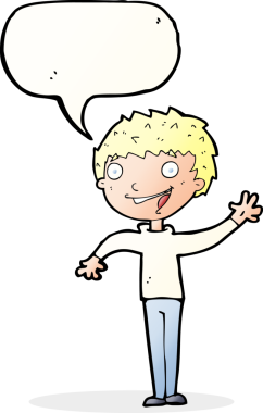 Bir insan tarafından çizilmiş konuşma baloncuğuyla el sallayan mutlu çocuk.