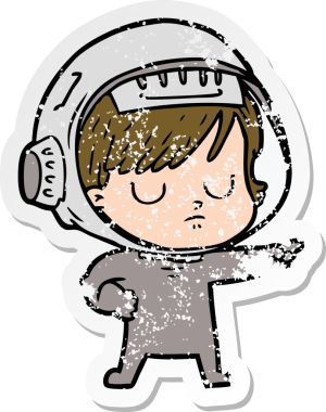 Bir insan tarafından çizilmiş karikatür astronot kadının sıkıntılı çıkartması.