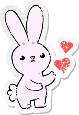 Bir insan tarafından çizilmiş sevgi dolu kalpleri olan sevimli bir tavşanın sıkıntılı çıkartması.