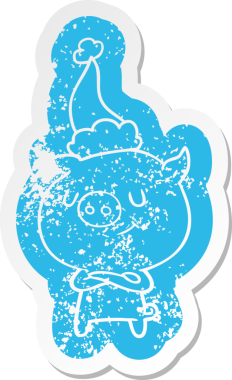 Mutlu çizgi film, insan tarafından çizilmiş Noel Baba şapkası takan bir domuzun sıkıntılı çıkartması.