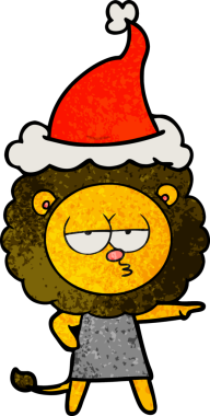 Bir insan tarafından çizilmiş Noel Baba şapkası takan sıkılmış bir aslanın el çizimi karikatürü.