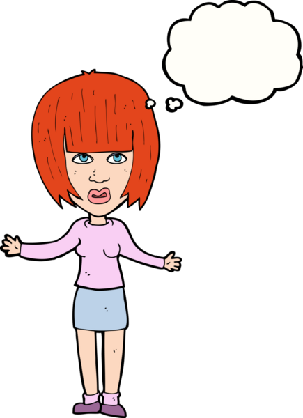 Bir insan tarafından çizilmiş düşünce baloncuğuyla omuz silken çizgi film kadını.