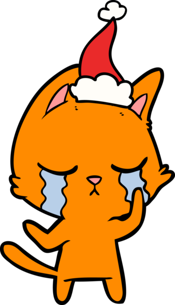 Ağlayan el çizgisi bir insan tarafından çizilmiş Noel Baba şapkası takan bir kedi çizimi.