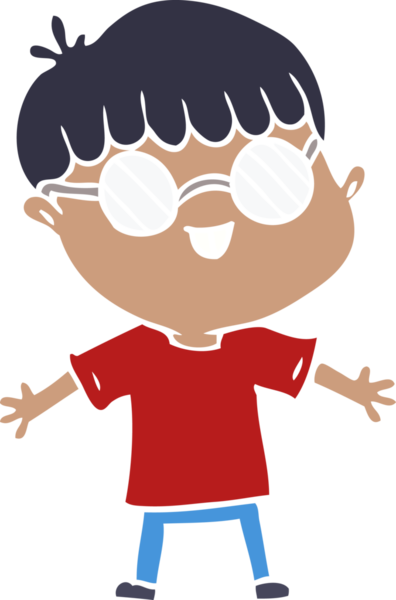 Bir insan tarafından çizilmiş gözlük takan düz renkli çizgi film çocuğu.