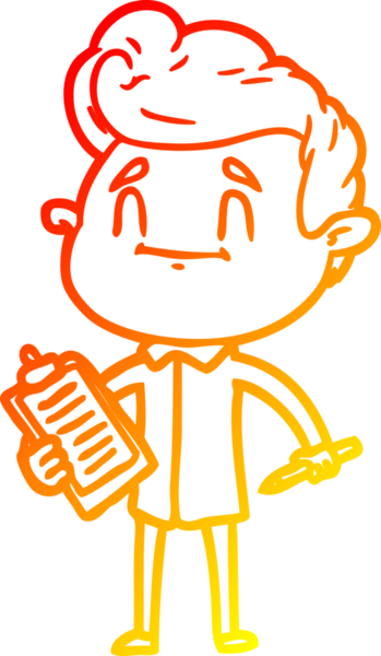 Bir insan tarafından çizilmiş kalem ve not panosuyla mutlu bir çizgi film adamı çizimi.