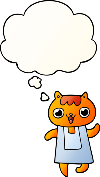 Bir insan tarafından çizilmiş yumuşak eğimli düşünce baloncuklu çizgi film kedisi.