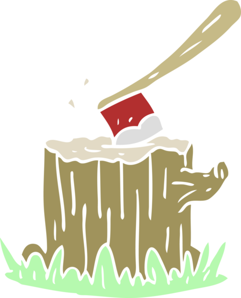 Bir insan tarafından çizilmiş ağaç kütüğündeki düz renk çizgi film baltası