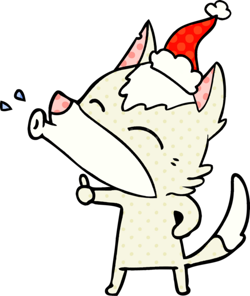 Uluyan kurt eli bir insan tarafından çizilmiş Noel Baba şapkasının çizgi roman çizimi.