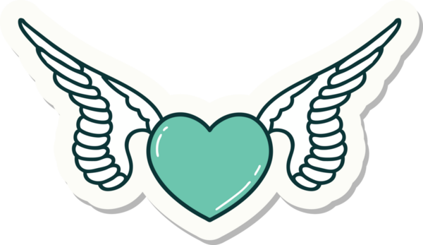 Bir insan tarafından çizilmiş kanatlı bir kalbin geleneksel stiliyle dövme çıkartması.