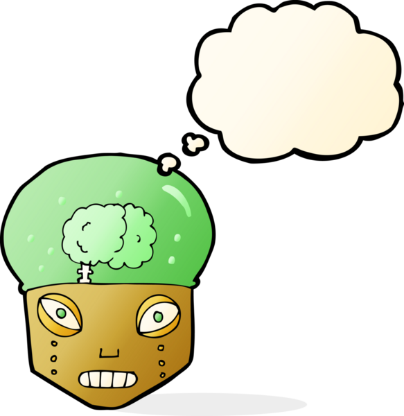 Bir insan tarafından çizilmiş düşünce baloncuğu olan ürkütücü robot kafası.