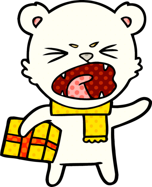 Kızgın karikatür kutup ayısı. Bir insan tarafından çizilmiş Noel hediyesi.