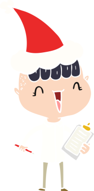 Bir insan tarafından çizilmiş Noel Baba şapkası giymiş mutlu bir çocuğun el çizimi düz bir çizimi.