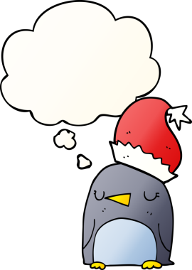 Hoş bir noel pengueni. Düşünce baloncuğu bir insan tarafından çizilmiş.